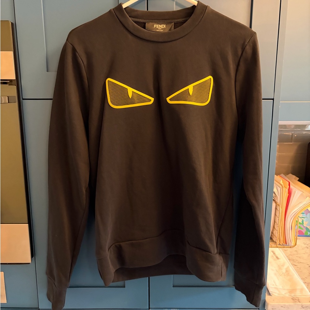 Fendi Black Mens Sweatshirt with Yellow Monster-Eye Appliqué XS